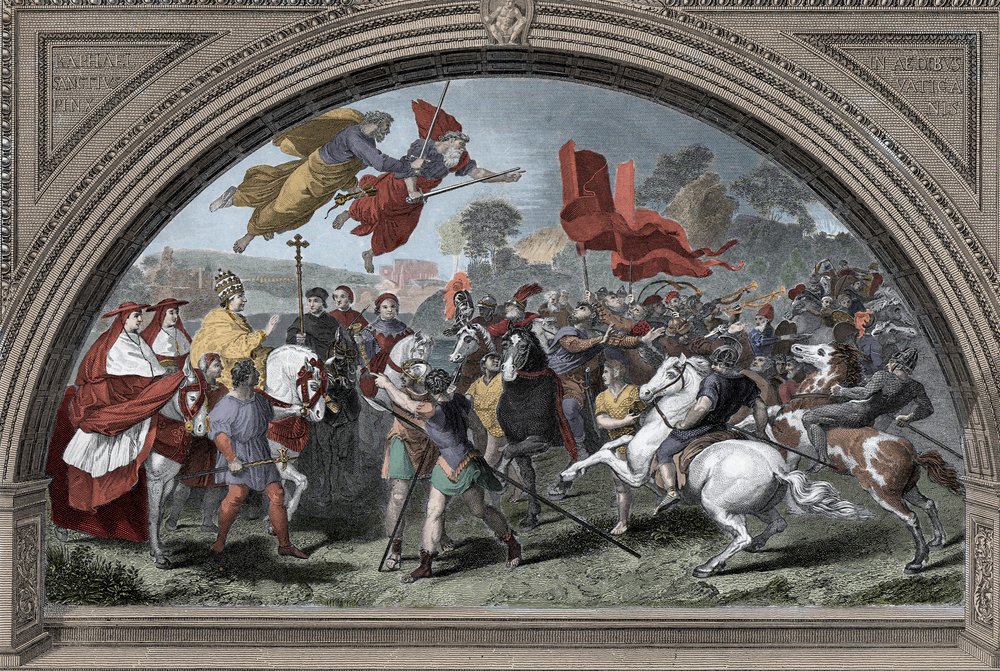 Représentation du pape Léon Ier, dit le Grand (390-461), face au chef des Huns Attila (ca. 395-453) en 452 à Mantoue - Invasions barbares - Le pape Léon Ier le Grand rencontrant le roi des Huns Attila en 452 (d