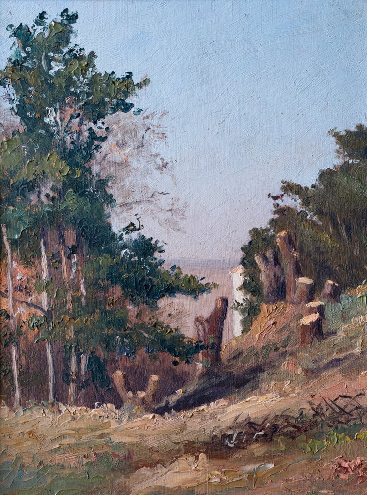 Arbres coupés, en arrière-plan, estauire de la Gironde (huile sur bois) - Raymond Bonnefon