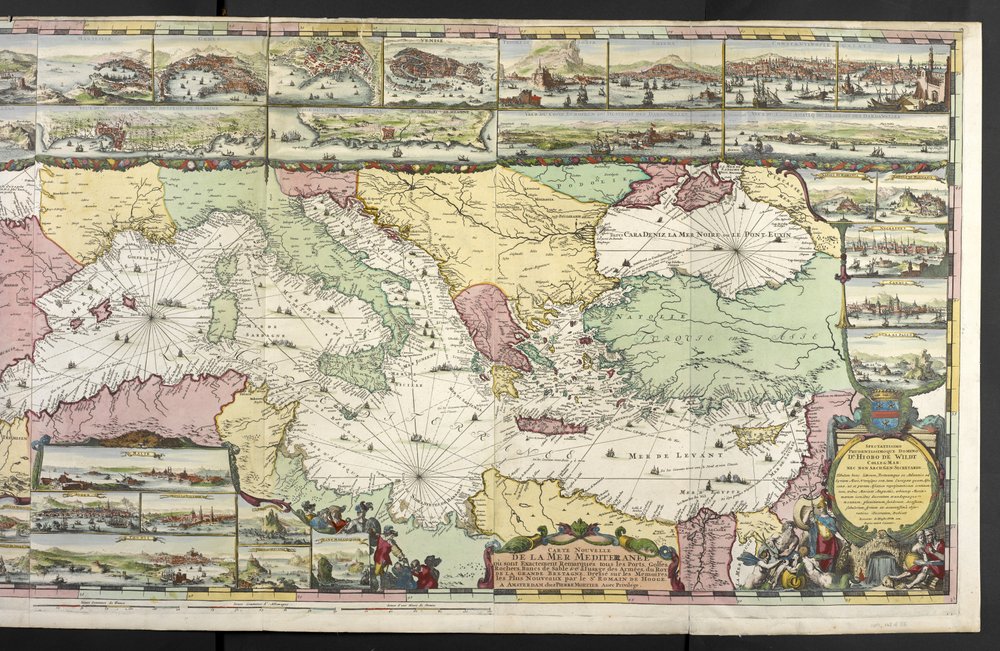 Carte de la Méditerranée avec figures allégoriques et monstres marins, de 