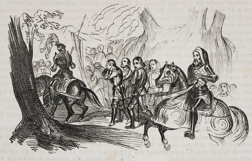 Retour des combattants à Barletta pour le défi, Apulie, Italie, lithographie de Salvatore Puglia de Poliorama Pittoresco, n 30, 1er mars - Salvatore Puglia