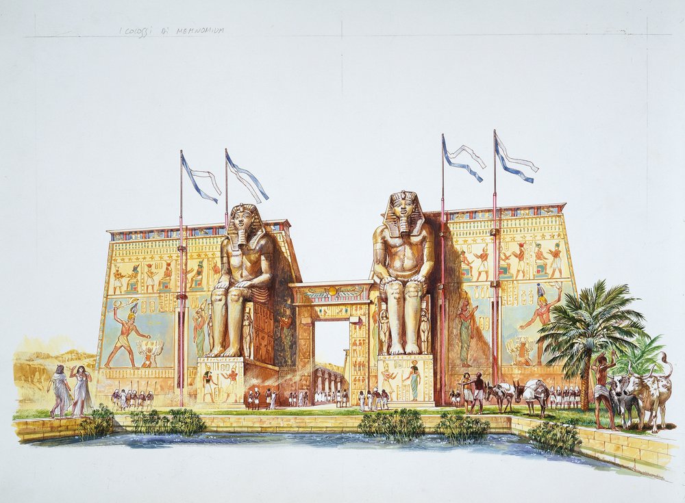 Thèbes antique - reconstitution des statues d'Amenhotep III, connues sous le nom de colosses de Memnon, à l'époque de Ramsès II - School Italian