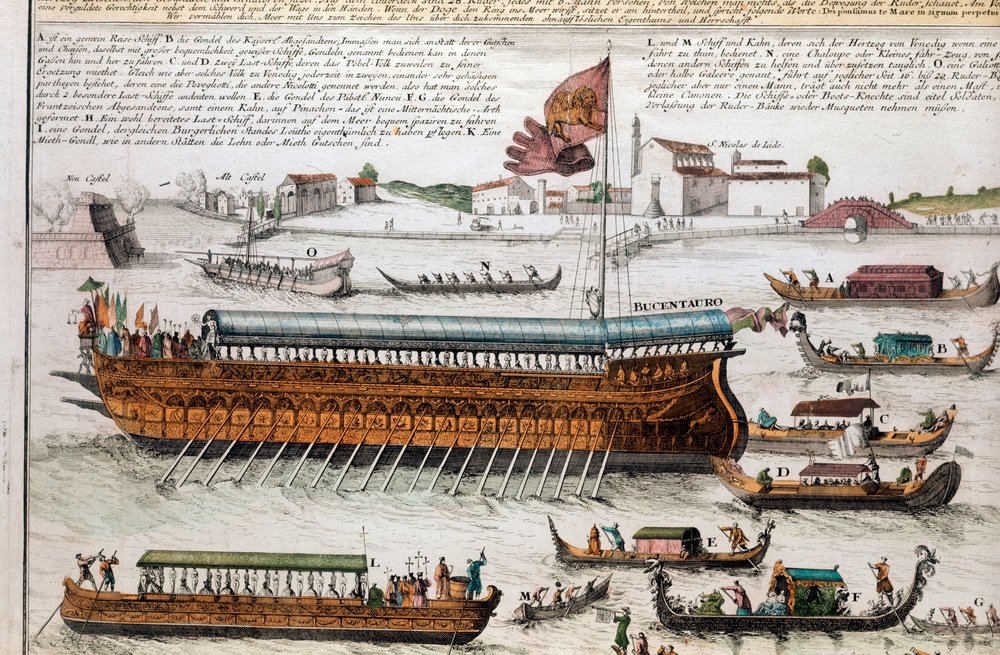 Vue de la lagune de Venise et du Bucentaure. Le jour de l'Ascension, le Doge traversait la lagune de Venise pour atteindre l'embouchure de la mer à bord d'un navire appelé le Bucentaure - School Italian