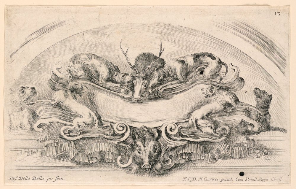 Lunette avec écussons, n° 13 de "Raccolta di varii cappriccii et nove inventioni di cartelle et ornamenti" - Stefano della Bella