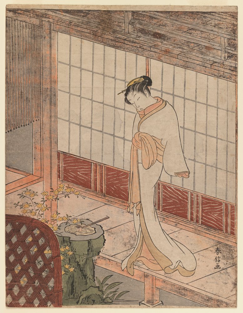 Courtisane en tenue de nuit debout sur une véranda, vers 1767 - Suzuki Harunobu