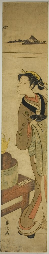 La serveuse Osen de la maison de thé Kagiya portant une tasse de thé - Suzuki Harunobu