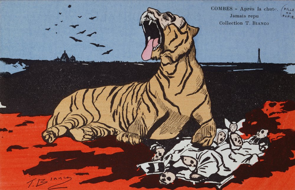 Caricature de Justin-Louis-Émile Combes (1835-1921) en tigre mangeant les clercs, couverture de 
