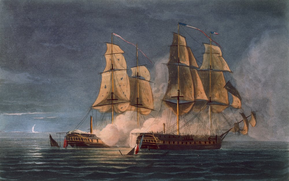 Capture du Thetis par le HMS Amethyst, 10 novembre 1808, gravé par T. Sutherland pour 