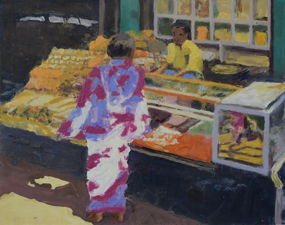 Étalage de marché (Mumbai), 2016 (huile sur toile) - Trevor Burgess