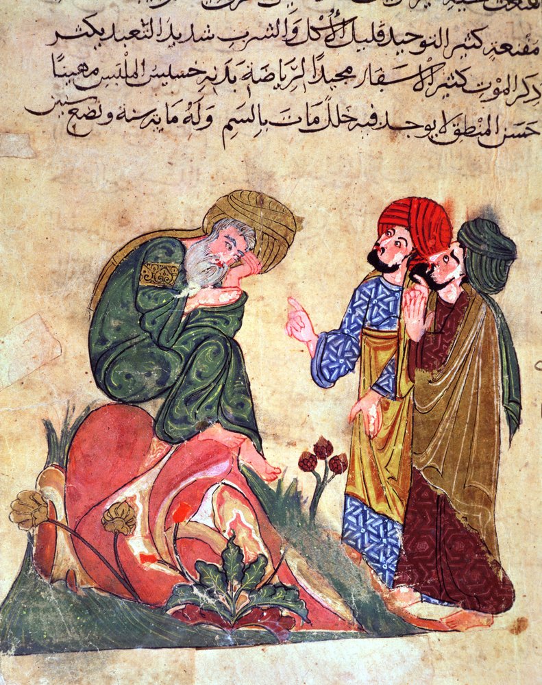 Socrate (470-399 av. J.-C.) et ses élèves, illustration du « Kitab Mukhtar al-Hikam wa-Mahasin al-Kilam » d'Al-Mubashir - Turkish School