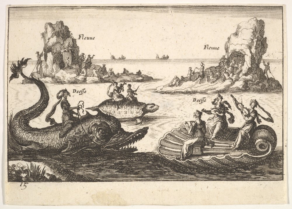 Planche 15 : Fleuves et déesses, avec des îles flottantes guidées par des porteurs de perches, figures féminines..., 1664. - Unbekannt