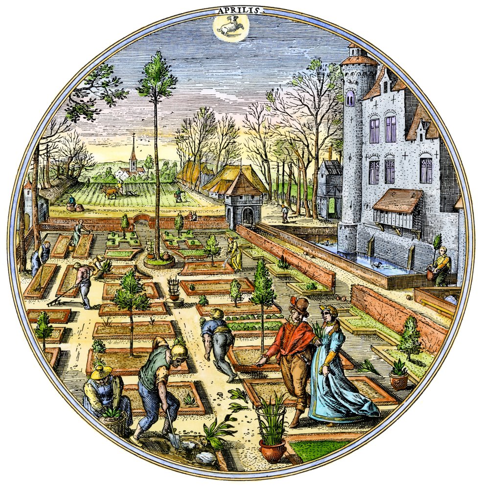 Agriculture : jardinage dans un potager européen au début du printemps vers 1590. Gravure en couleur du XVIe siècle - Unbekannter Künstler