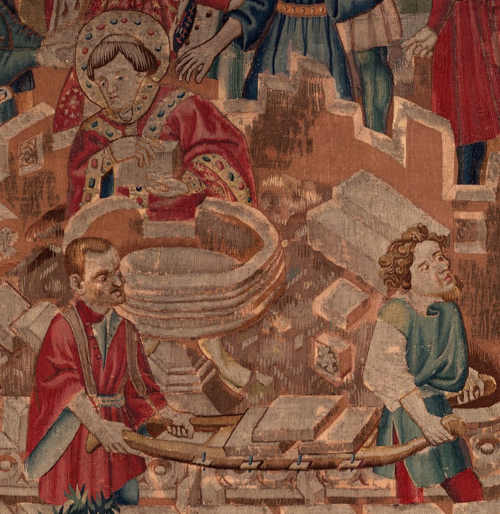 Histoire de saint Piat et de saint Eleuthère, scène 5, détail. Centre. Le saint, des maçons et les fonts baptismaux. - Unknown artist