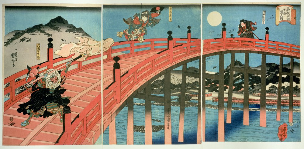 Ushiwaka et Benkei se battant sur le pont Gojo, publié c.1839 - Utagawa Kuniyoshi