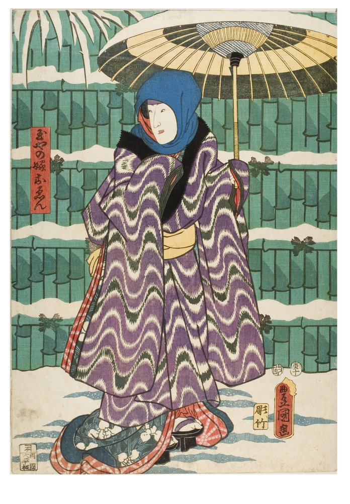 Jeune femme Oen de la Tamaya. Acteur de Kabuki en femme encapuchonnée dans une scène de neige - Utagawa (1786-1865) Kunisada
