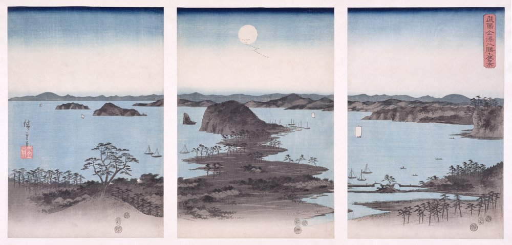 Panorama des vues de Kanazawa sous la pleine lune, de la série « Neige, lune et fleurs », 1857 - Utagawa Hiroshige