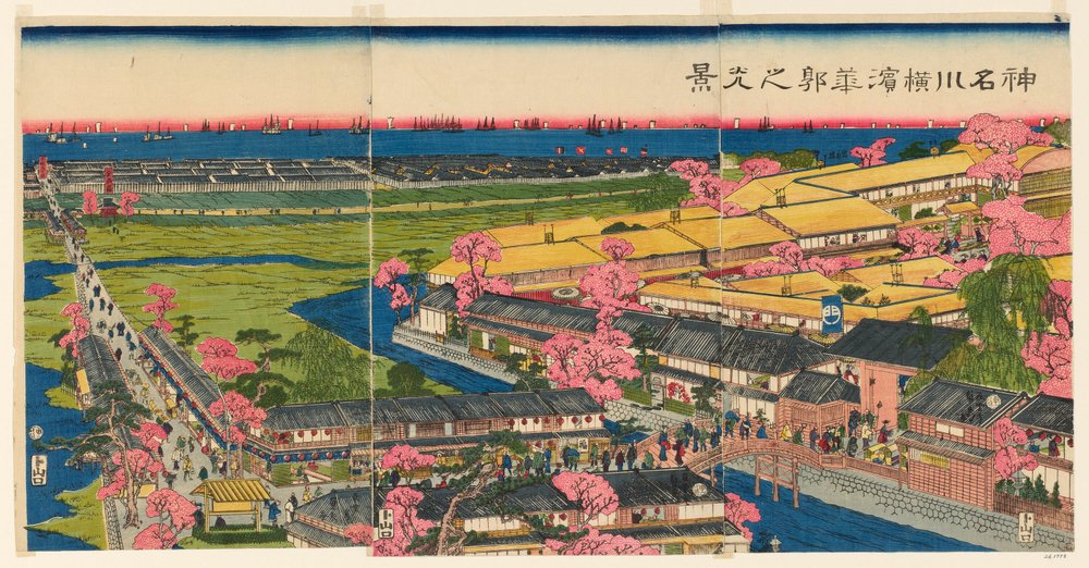 Vue panoramique des quartiers de plaisir à Yokohama, Kanagawa (Kanagawa Yokohama hanakuruwa no kokei) - Utagawa Sadahide