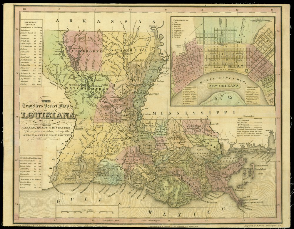 Carte de poche du voyageur de la Louisiane, publiée en 1830 - W. Brose