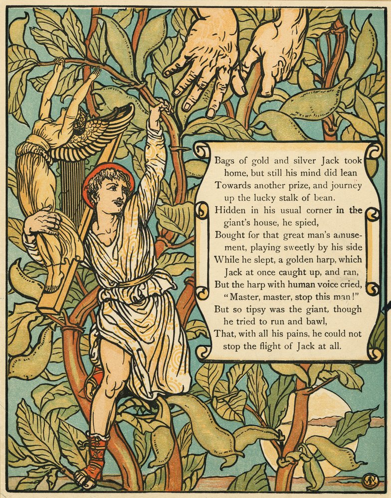 Jack descendant le haricot magique de Jack et le haricot magique pub. 1875 lithographie en couleur, 1875 - Walter Crane