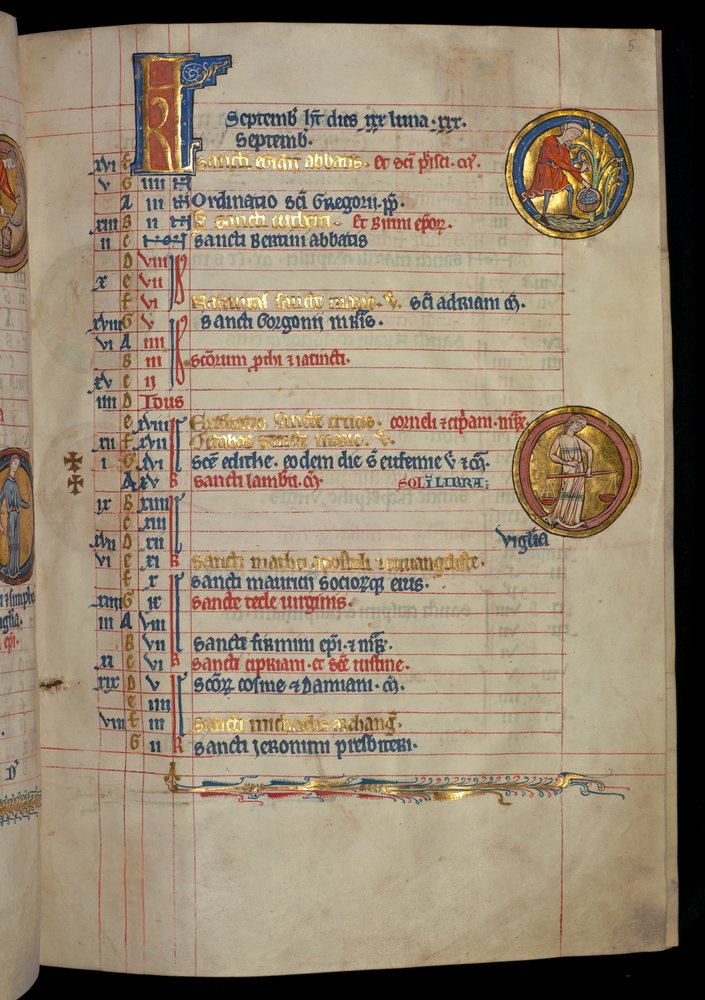 Ms 322 f.5r, Septembre, un homme cueillant des fruits, illustration du 