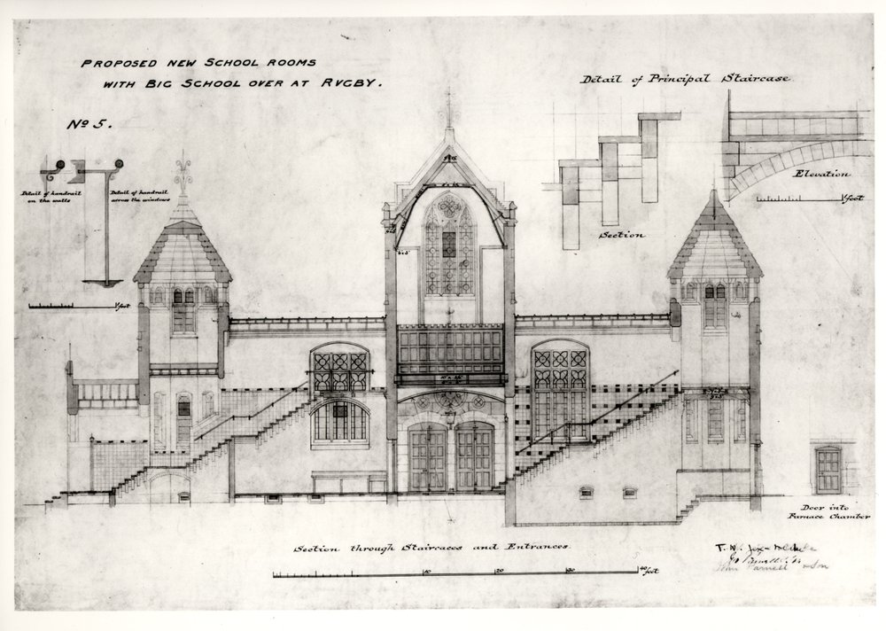 Détails des entrées, escaliers, porte de la chambre de la chaudière et rampes, (New Big School), Rugby School, 1844 (encre noire, crayon et aquarelle) - William Butterfield