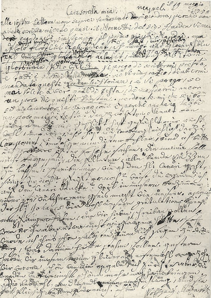 Wolfgang Amadeus Mozart (1756-1791) compositeur autrichien. Lettre autographe à sa sœur Nannerl. Naples, 19 mars 1770 - Wolfgang Amadeus Mozart