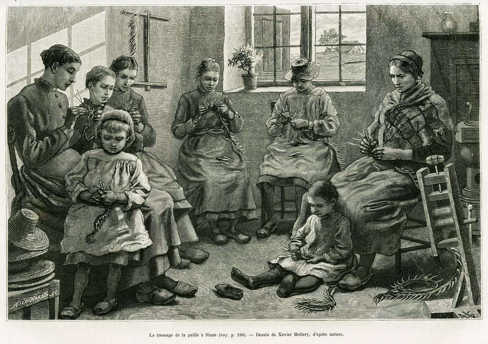 Le tressage de la paille à Sluze. Gravure de Xavier Mellery pour illustrer le récit La Belgique, par Camille Lemonnier, dans Le Tour du monde 1886, dirigé par Édouard Charton (1807-1890), Hachette, Paris. - Xavier Mellery