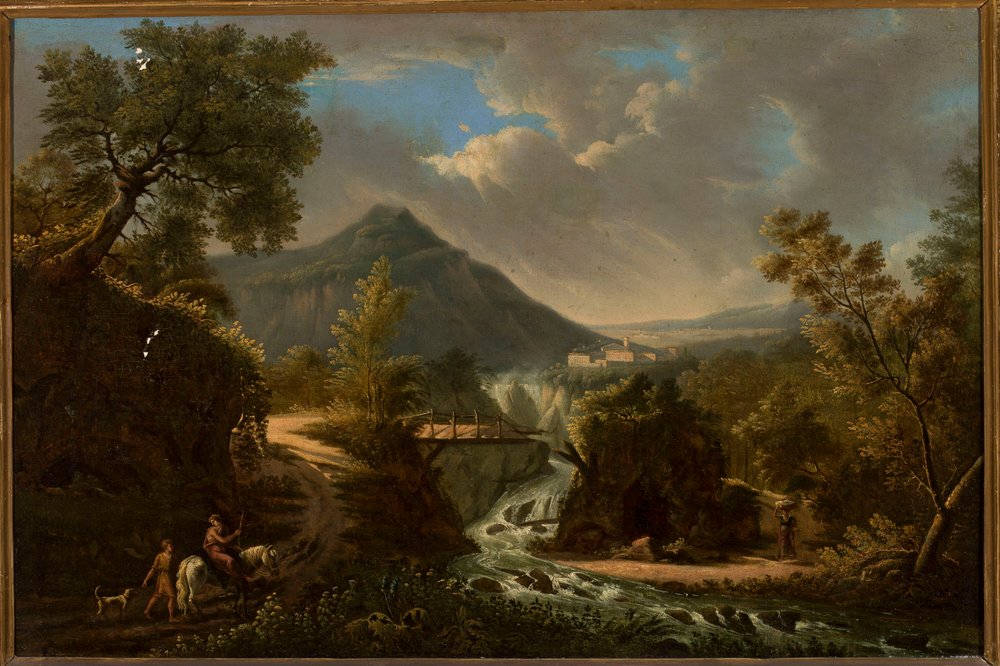 Paysage italien avec une rivière et un staffage - anonymous