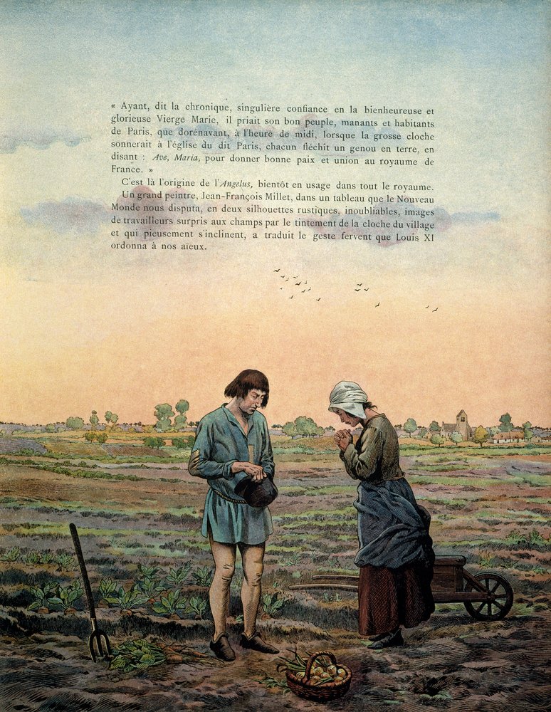 Histoire de France au Moyen Âge : Le roi Louis XI dit le Prudent (1423-1483) établit la prière de l'angélus. Illustration de Jacques Marie Gaston Onfray de Bréville dit JOB (1858-1931) - pseudonym for Jacques Onfroy de Bréville Job