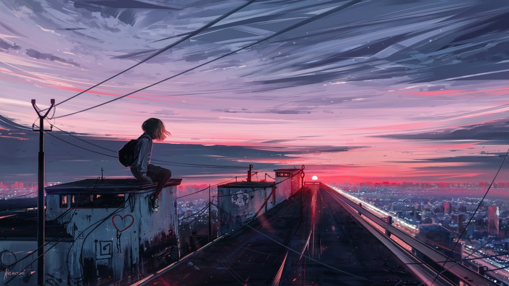 Fille au coucher de soleil urbain - Alena Aenami