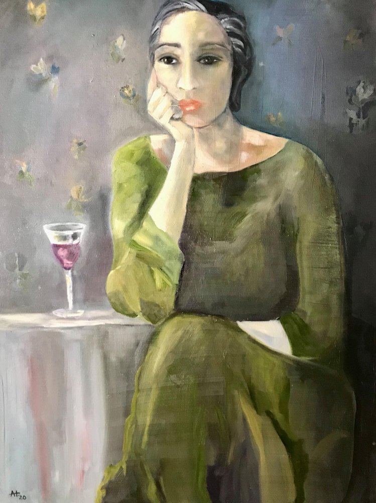 Une femme pensive avec un verre de vin - Alexandra Higgins