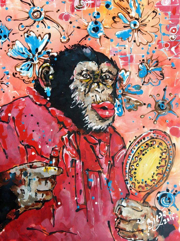 Un chimpanzé en train de se mettre du rouge à lèvres - Anda Bieza