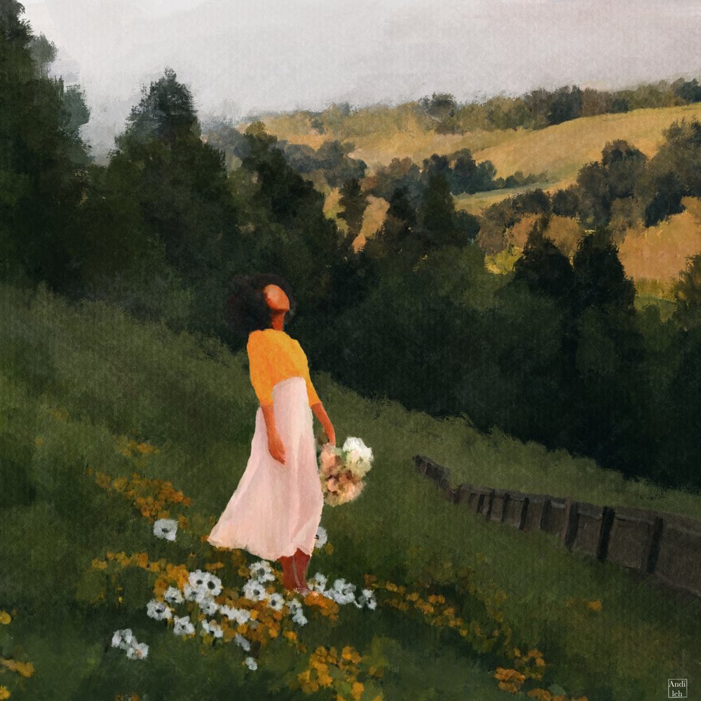 Une femme dans un champ de fleurs sauvages - Andile Bokweni