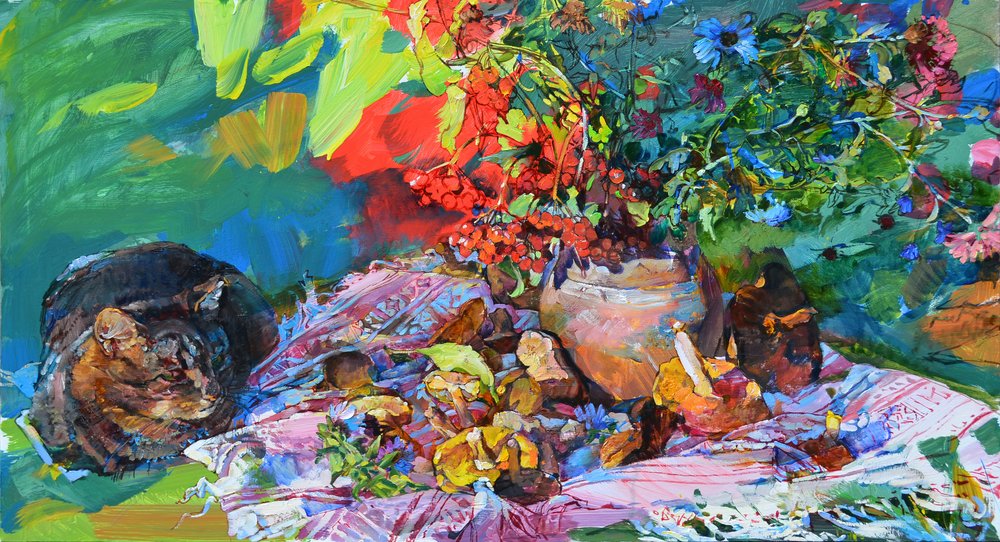 Nature morte florale et féline aux couleurs vives - Andrii Kutsachenko