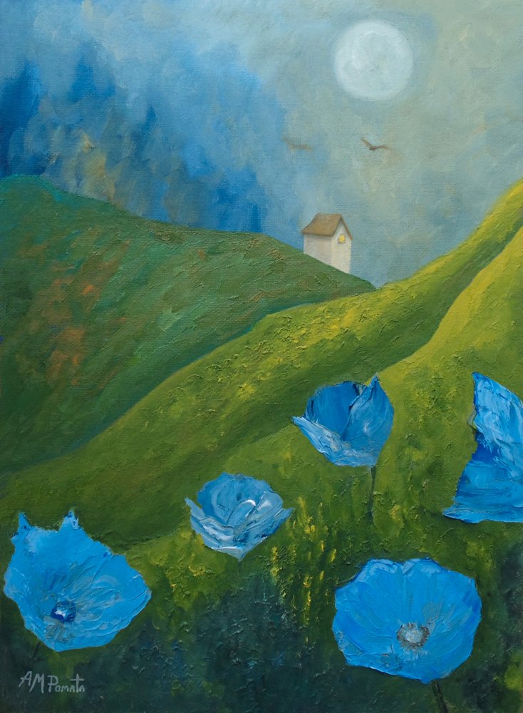 Coquelicots bleus sur les collines au clair de lune - Angeles M. Pomata