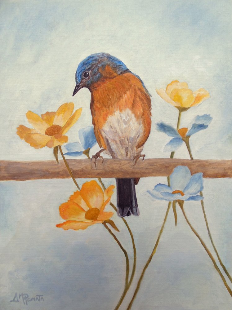 Merle bleu printanier et fleurs - Angeles M. Pomata