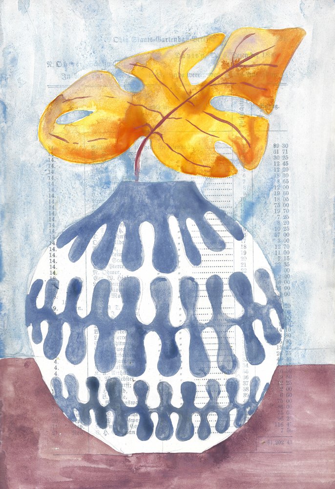 Vase bleu à feuilles dorées - Annick