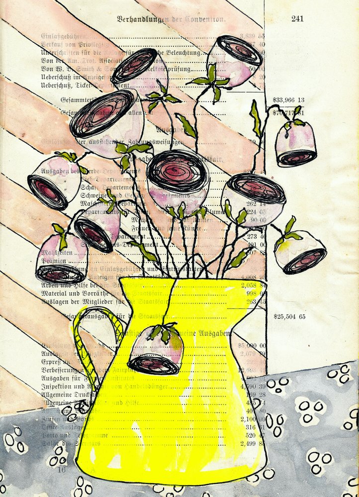 Vase jaune à fleurs roses - Annick