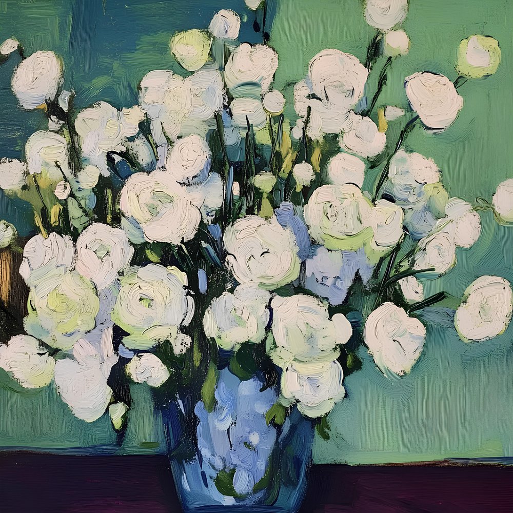 Fleurs blanches dans un vase bleu - Avanesova Elena