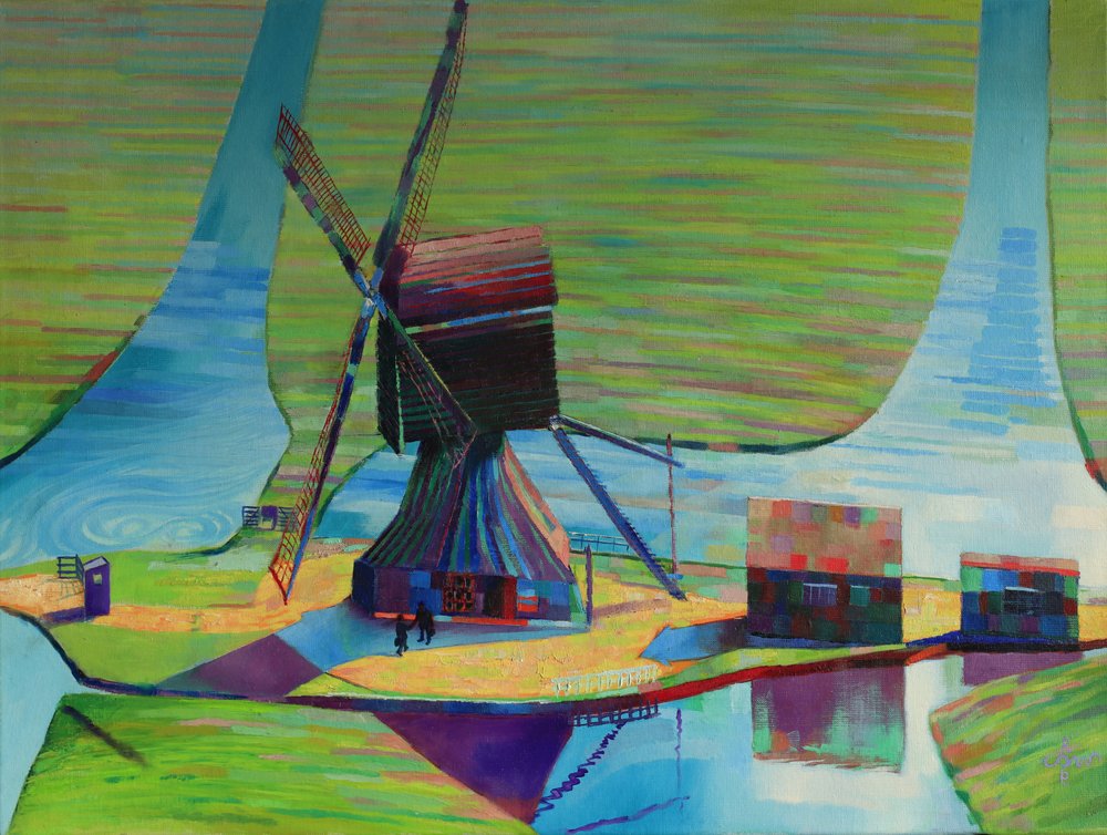 Paysage coloré avec un moulin à vent - Corné Akkers