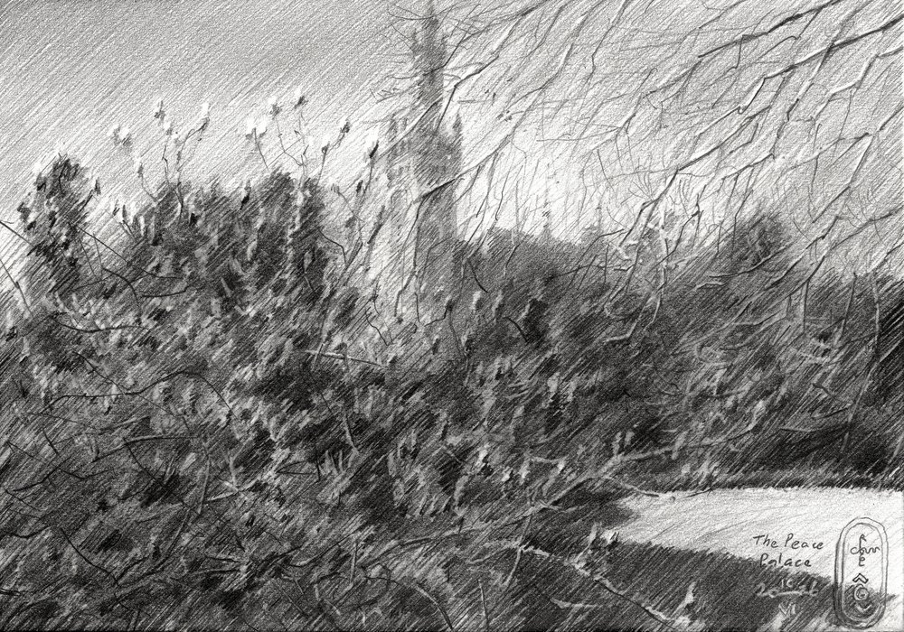 Esquisse au crayon du Palais de la Paix - Corné Akkers