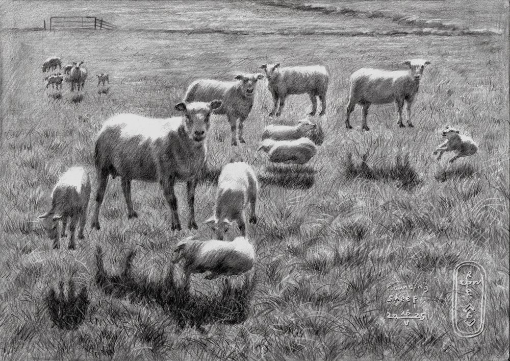 Dessin représentant un paisible pâturage de moutons - Corné Akkers