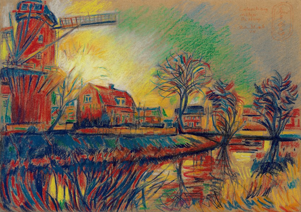 Scène animée de village avec moulin à vent - Corné Akkers