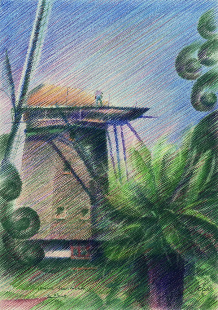 Dessin de la vue sur le moulin à vent - Corné Akkers