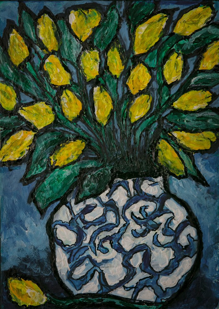 Vase bleu avec des citrons - Dale Hefer & Family