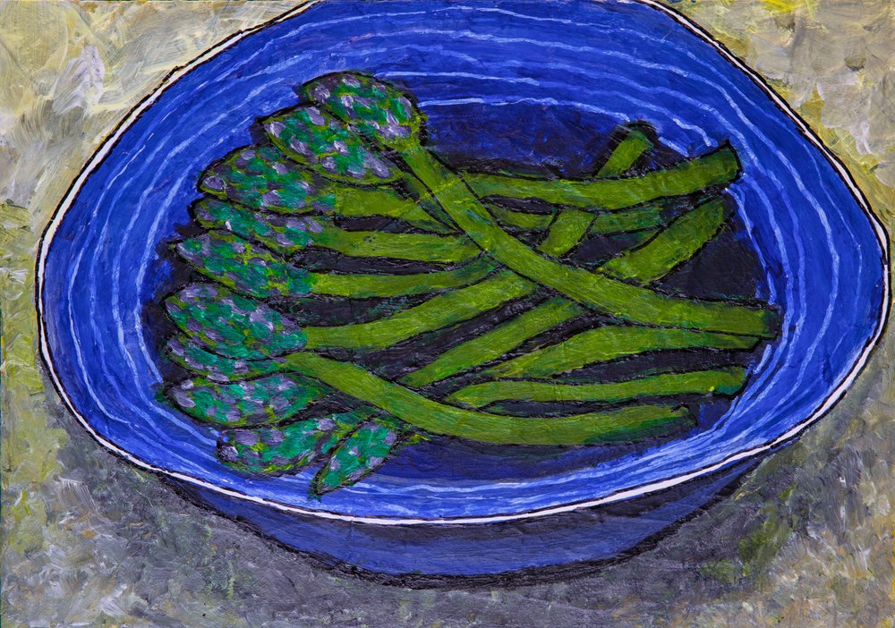 Asperges vertes dans un bol bleu - Dale Hefer & Family