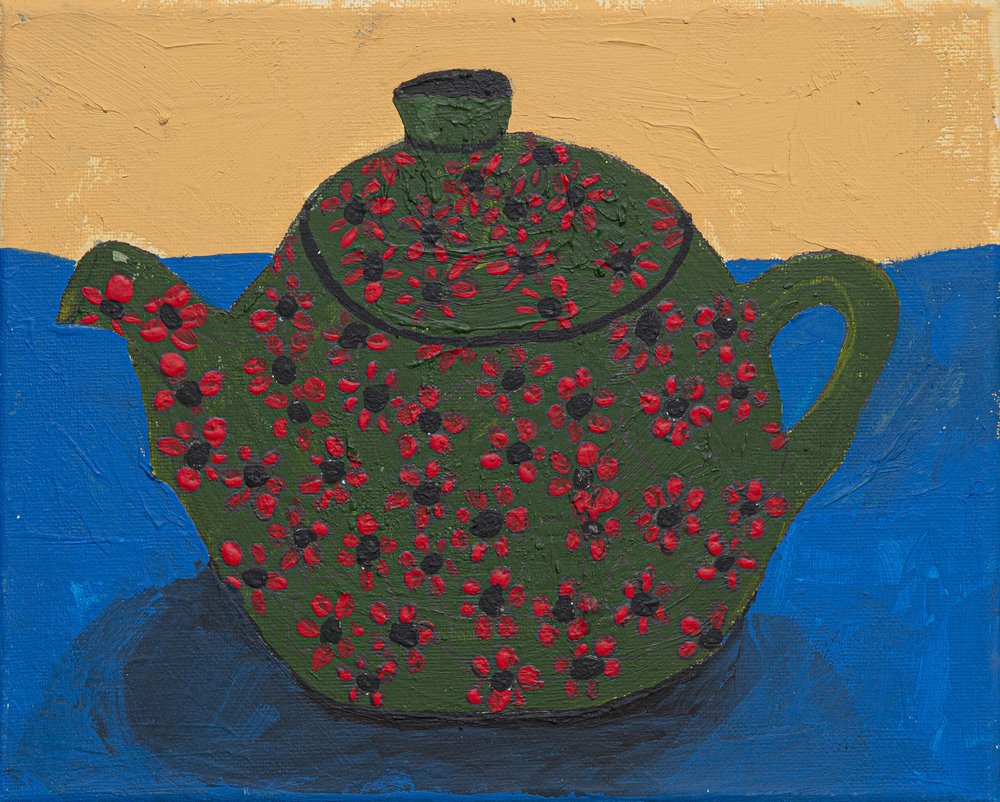 Nature morte avec théière et fleurs vertes - Dale Hefer & Family