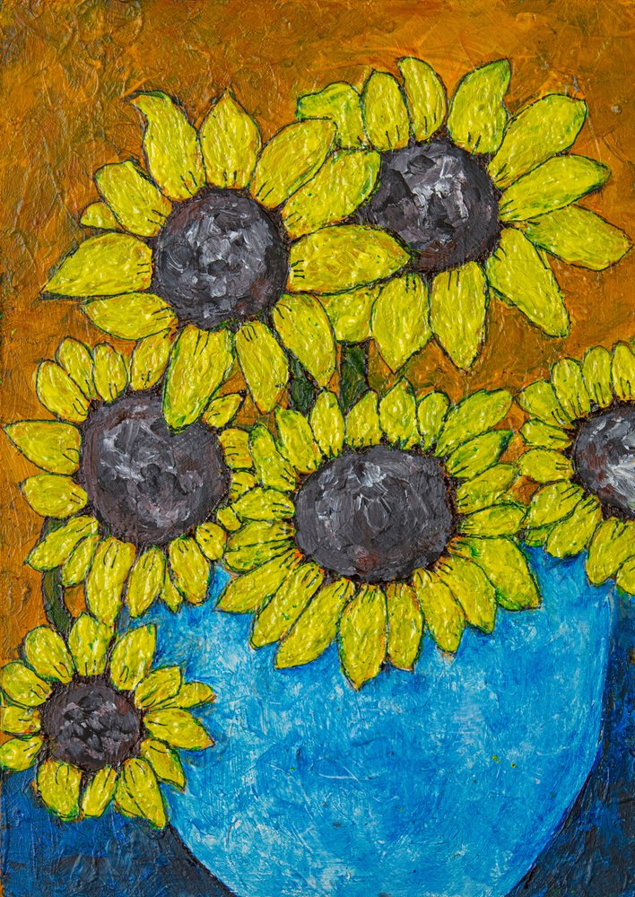 Des tournesols dans un vase bleu - Dale Hefer & Family