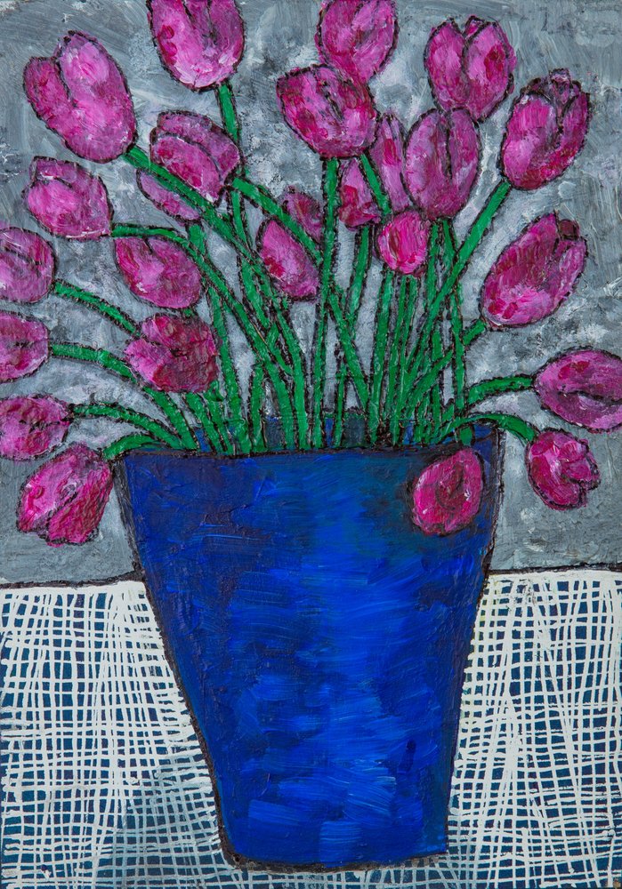 Tulipes dans un vase bleu - Dale Hefer & Family