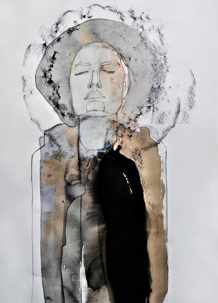Personnage contemplatif coiffé d