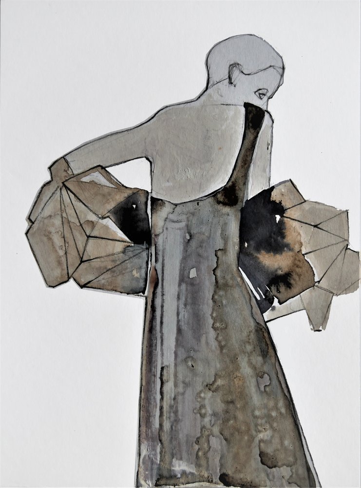 Femme contemplative en gris - Doris Schmitz